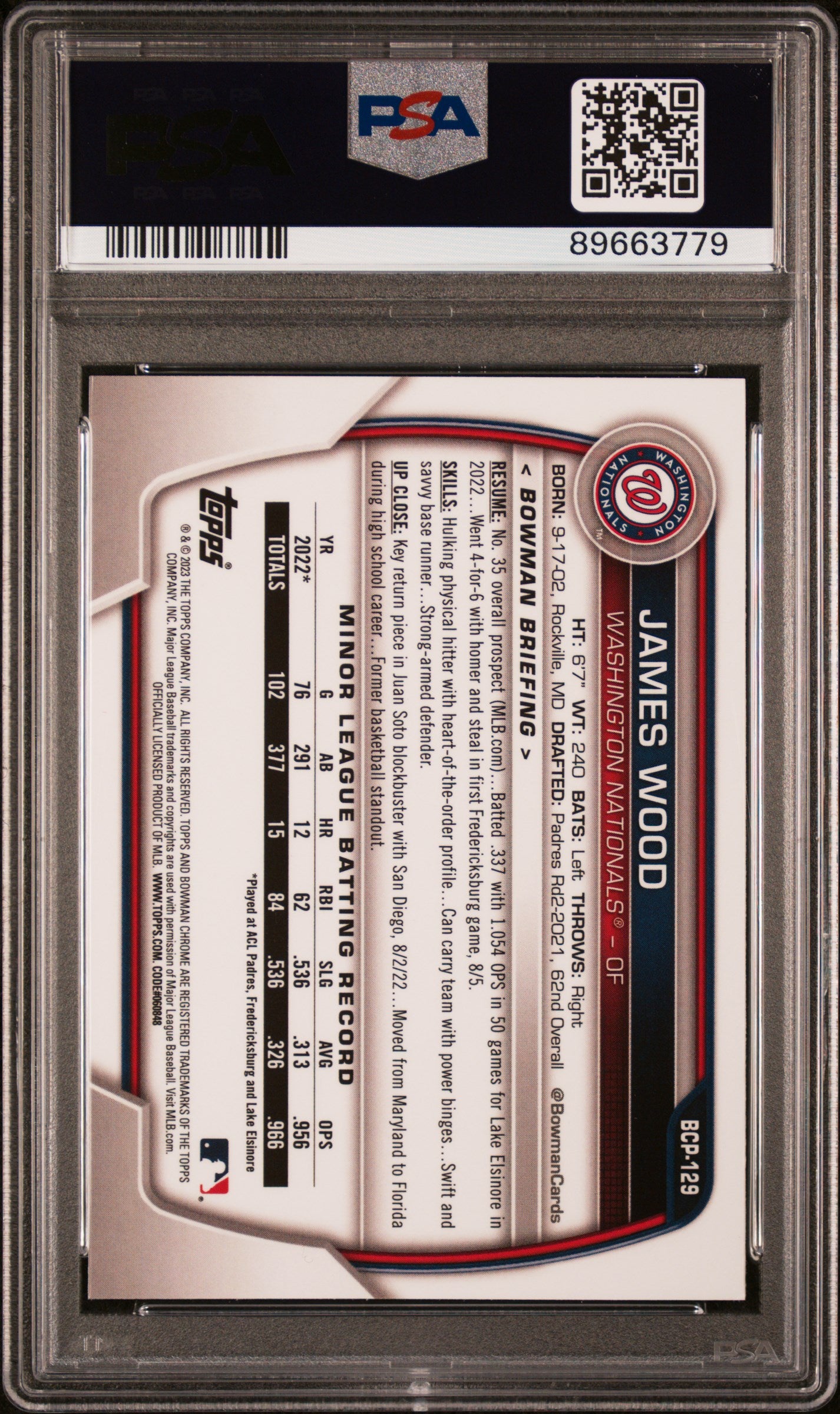 Graded 2023 Topps Bowman Sapphire James Wood #BCP129 Chrome Prospects Rookie RC Baseball Card PSA 10 Gem Mint