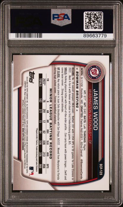 Graded 2023 Topps Bowman Sapphire James Wood #BCP129 Chrome Prospects Rookie RC Baseball Card PSA 10 Gem Mint