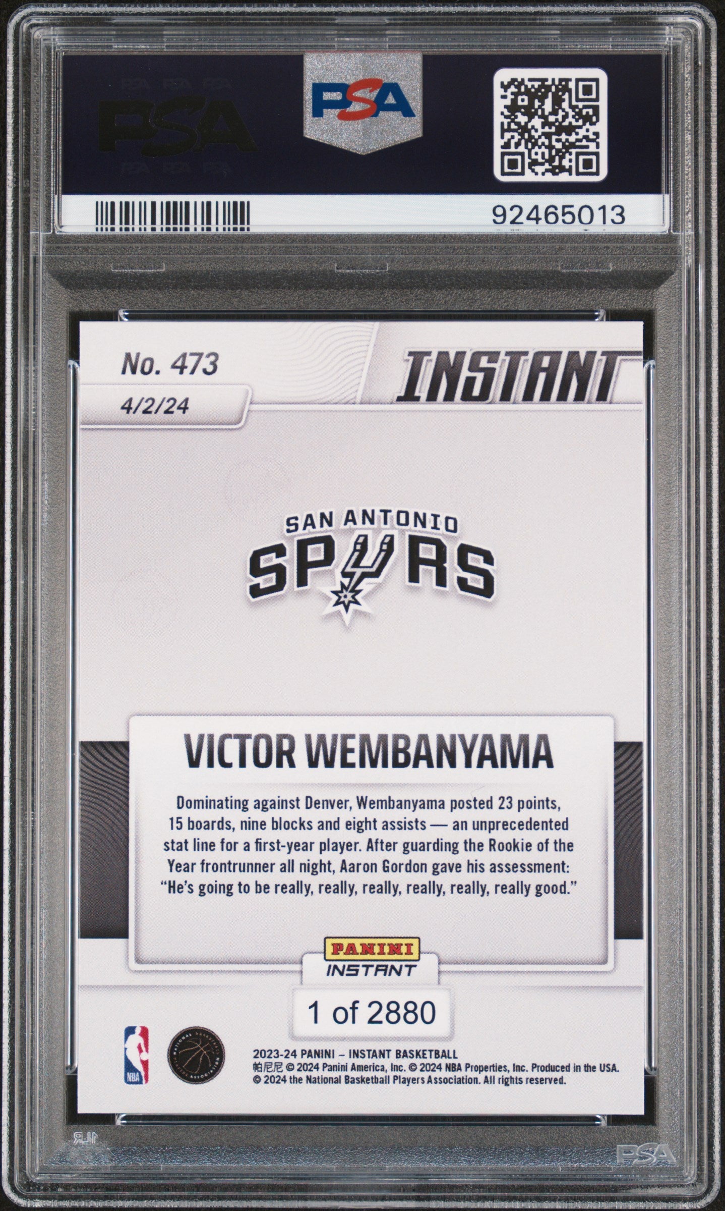 Graded 2023 Panini Instant Victor Wembanyama #473 Rookie RC Basketball Card PSA 9 Mint