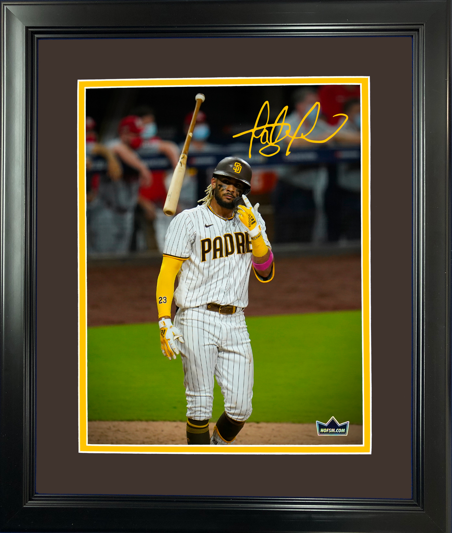 Framed Fernando Tatis Jr. Bat Flip San Diego Padres Dual Facsimile Laser Engraved Signature Auto 11"x14" Baseball Photo HOFSM Holo