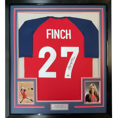 Framed Autographed/Signed Jennie Finch USA 35x39 Red Team United States Softball Jersey JSA COA