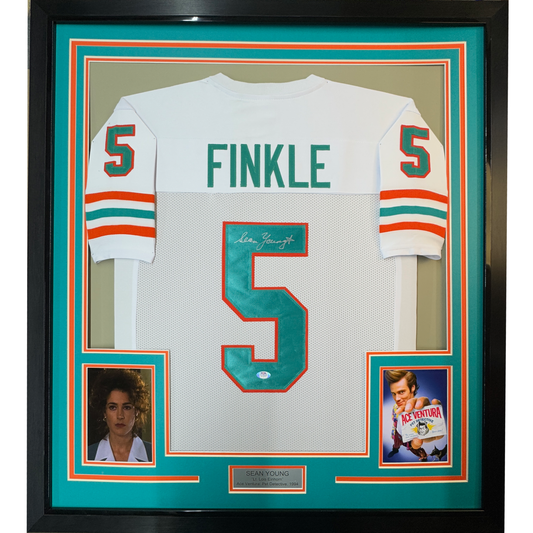 Framed Autographed/Signed Sean Young 35x39 Ray Finkle Miami White Ace Ventura Movie Football Jersey PSA/DNA COA