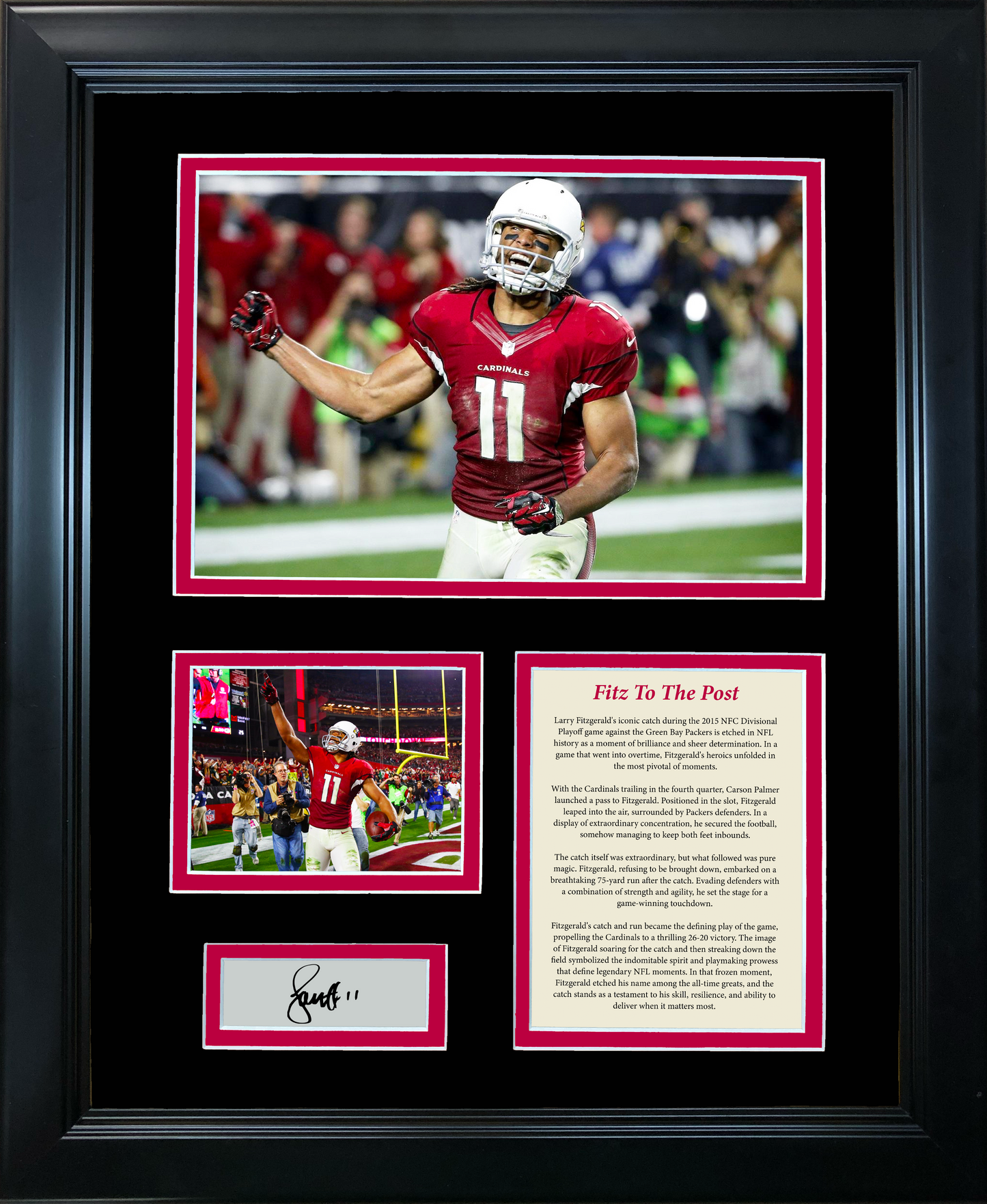 Framed  Fitz To The Post  Larry Fitzgerald 2015 Playoffs Catch vs Packers Facsimile Laser Engraved Signature Auto Arizona Cardinals Football 11"x14" Photo Sig Collage