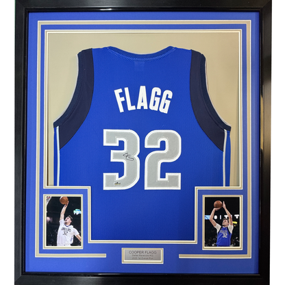 Framed Facsimile Autographed Cooper Flagg 35x39 Dallas Blue Reprint Laser Auto Basketball Jersey