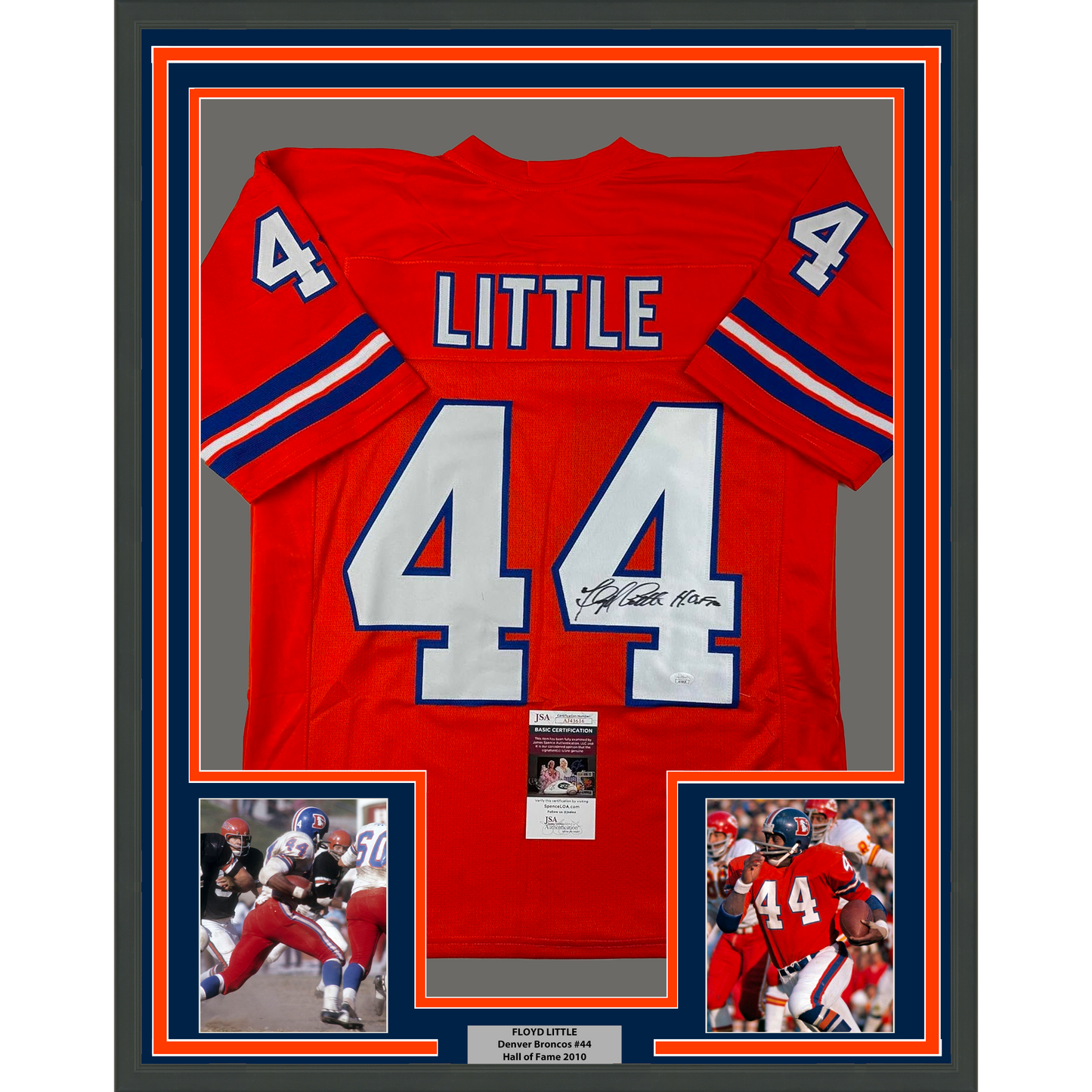 Framed Autographed/Signed Floyd Little 35x39 HOF Denver Orange Football Jersey JSA COA