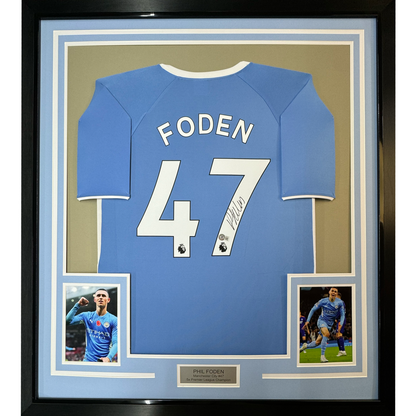 Framed Autographed/Signed Phil Foden 35x39 Manchester City Blue Soccer Futbol Jersey Beckett BAS COA #2