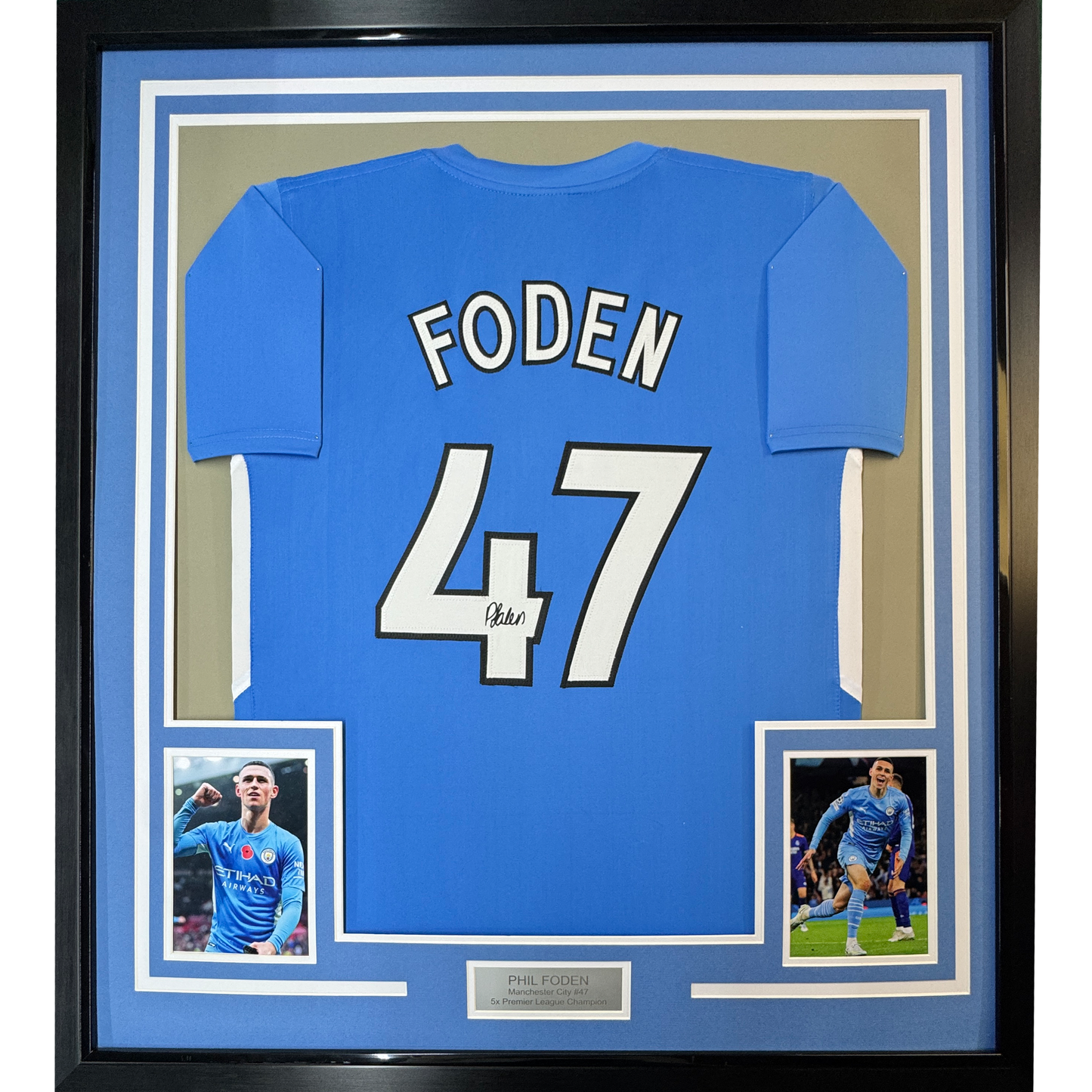 Framed Facsimile Autographed Phil Foden 35x39 Manchester City Blue Reprint Laser Auto Soccer Jersey
