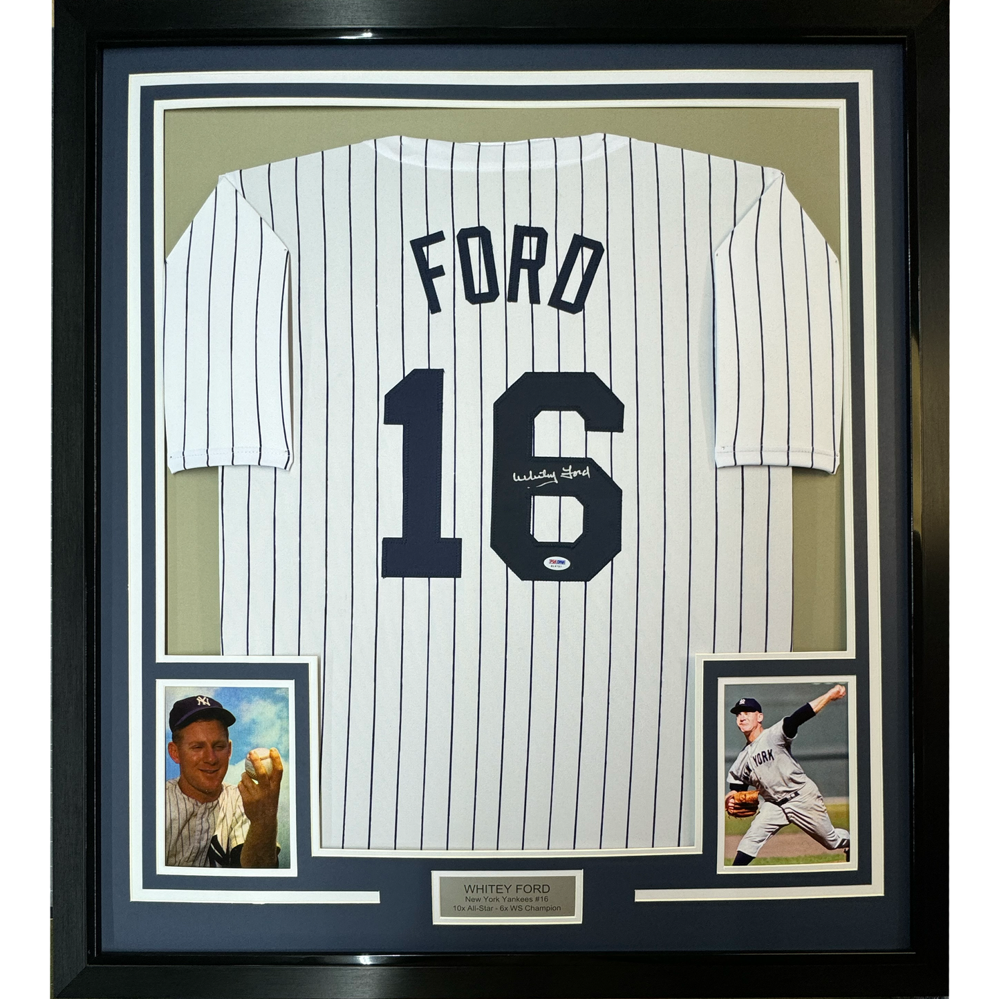 Framed Autographed/Signed Whitey Ford 35x39 New York Pinstripe Baseball Jersey PSA/DNA COA #3