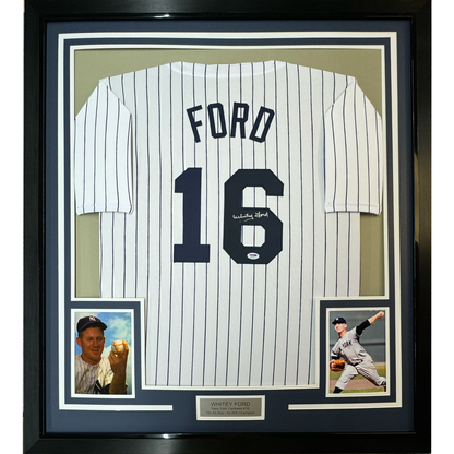 Framed Autographed/Signed Whitey Ford 35x39 New York Pinstripe Baseball Jersey PSA/DNA COA #3