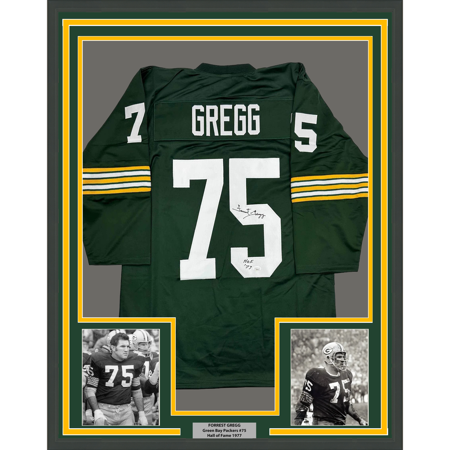 Framed Autographed/Signed Forrest Gregg HOF 77 35x39 Green Bay Green Football Jersey JSA COA