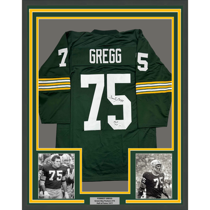 Framed Autographed/Signed Forrest Gregg HOF 77 35x39 Green Bay Green Football Jersey JSA COA