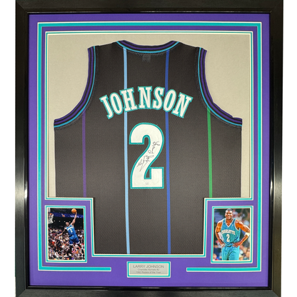 Framed Autographed/Signed Larry Johnson 35x39 Charlotte Black Basketball Jersey JSA COA