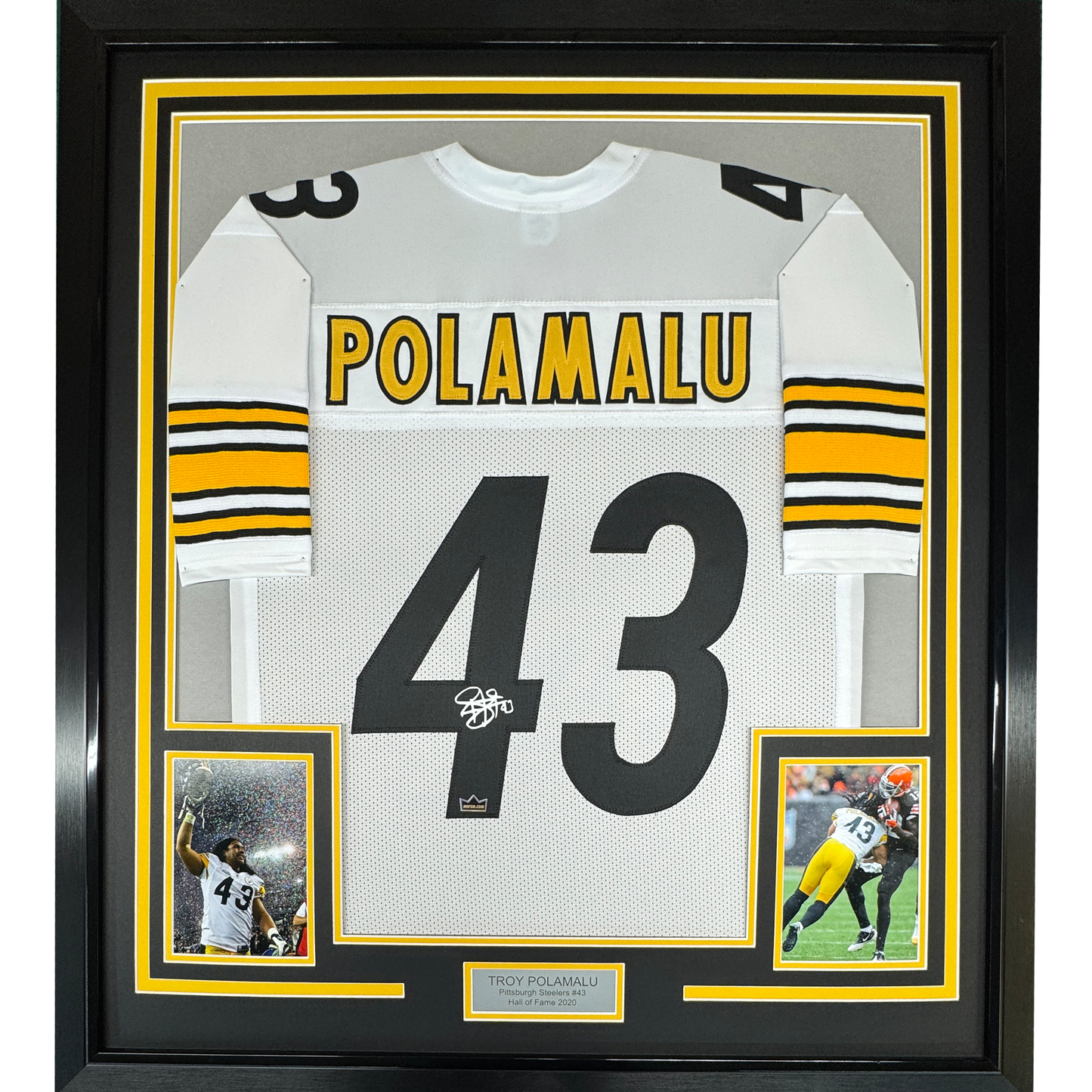 Framed Facsimile Autographed Troy Polamalu 35x39 Pittsburgh White Reprint Laser Auto Football Jersey