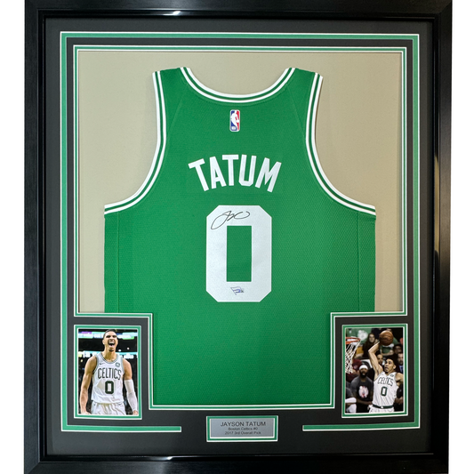 Framed Autographed/Signed Jayson Tatum 35x39 Boston Celtics Green Basketball Jersey Fanatics COA