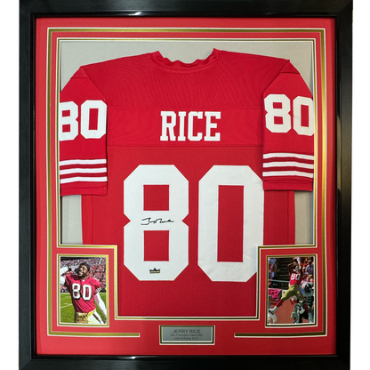 Framed Facsimile Autographed Jerry Rice 35x39 San Francisco Red Reprint Laser Auto Football Jersey