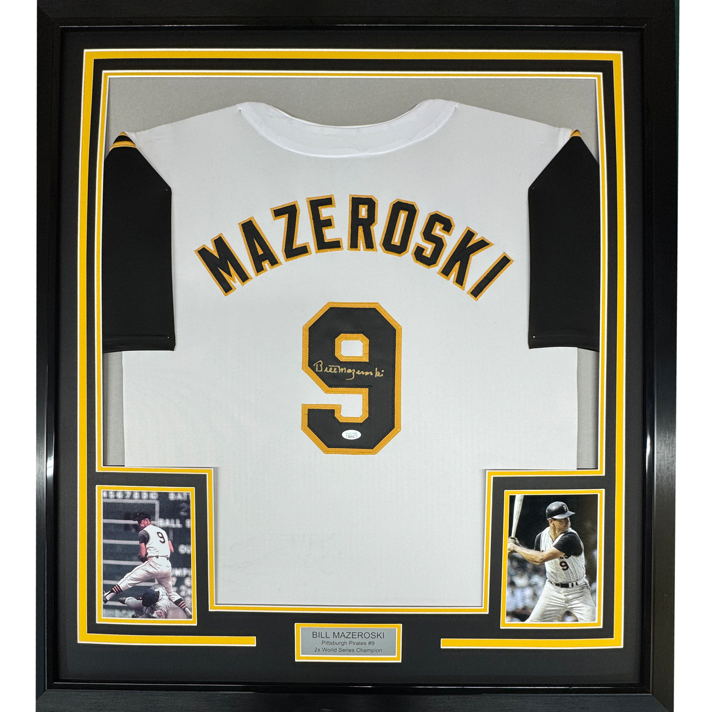 Framed Autographed/Signed Bill Mazeroski 35x39 Pittsburgh White Baseball Jersey JSA COA