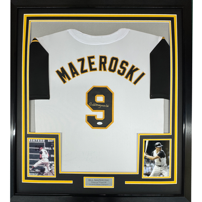 Framed Autographed/Signed Bill Mazeroski 35x39 Pittsburgh White Baseball Jersey JSA COA