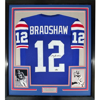 Framed Facsimile Autographed Terry Bradshaw 35x39 Louisiana Tech Blue Reprint Laser Auto College Football Jersey