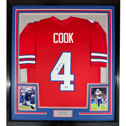 Framed Autographed/Signed James Cook 35x39 Buffalo Red Football Jersey Beckett BAS COA