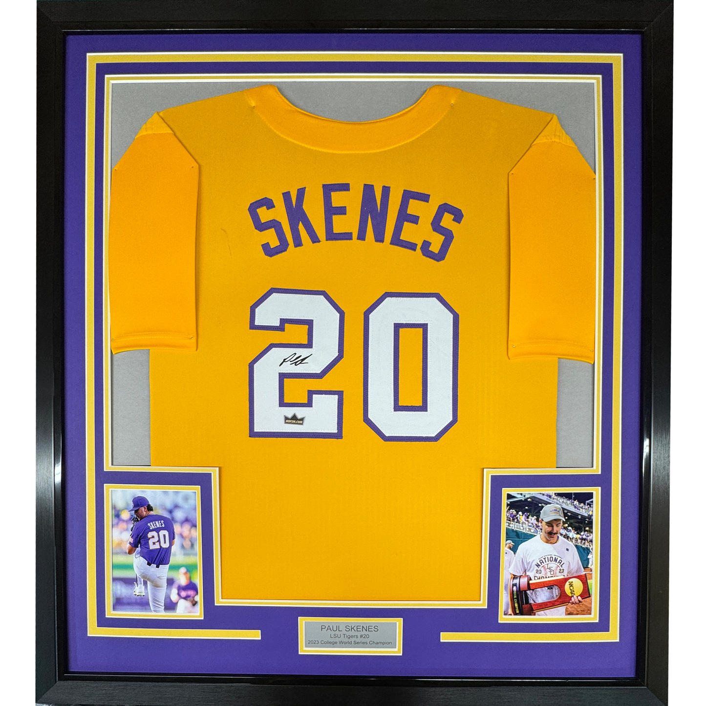 Framed Facsimile Autographed Paul Skenes 35x39 LSU Yellow Reprint Laser Auto College Baseball Jersey