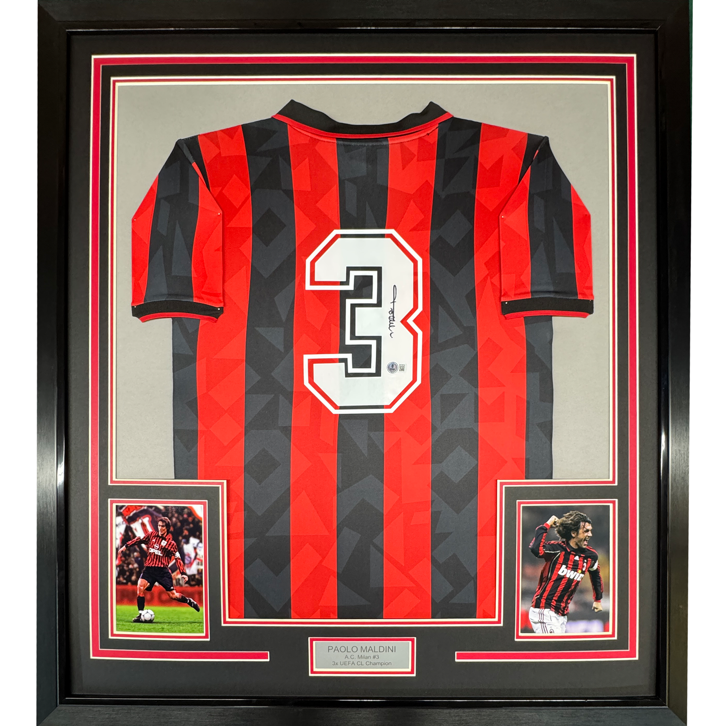 Framed Autographed/Signed Paolo Maldini 35x39 AC Milan Black/Red Soccer Futbol Jersey Beckett BAS COA