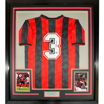 Framed Autographed/Signed Paolo Maldini 35x39 AC Milan Black/Red Soccer Futbol Jersey Beckett BAS COA