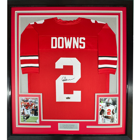 Framed Facsimile Autographed Caleb Downs 35x39 Ohio State Red Reprint Laser Auto College Football Jersey