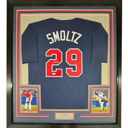 Framed Autographed/Signed John Smoltz 35x39 Atlanta Blue Baseball Jersey JSA COA