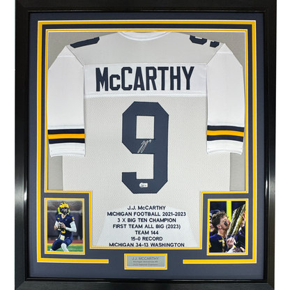 Framed Autographed/Signed J.J. JJ McCarthy 35x39 Michigan White College Stat Football Jersey Beckett BAS COA