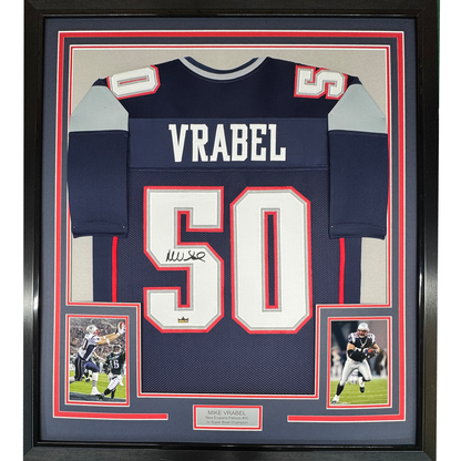 Framed Facsimile Autographed Mike Vrabel 35x39 New England Blue Reprint Laser Auto Football Jersey