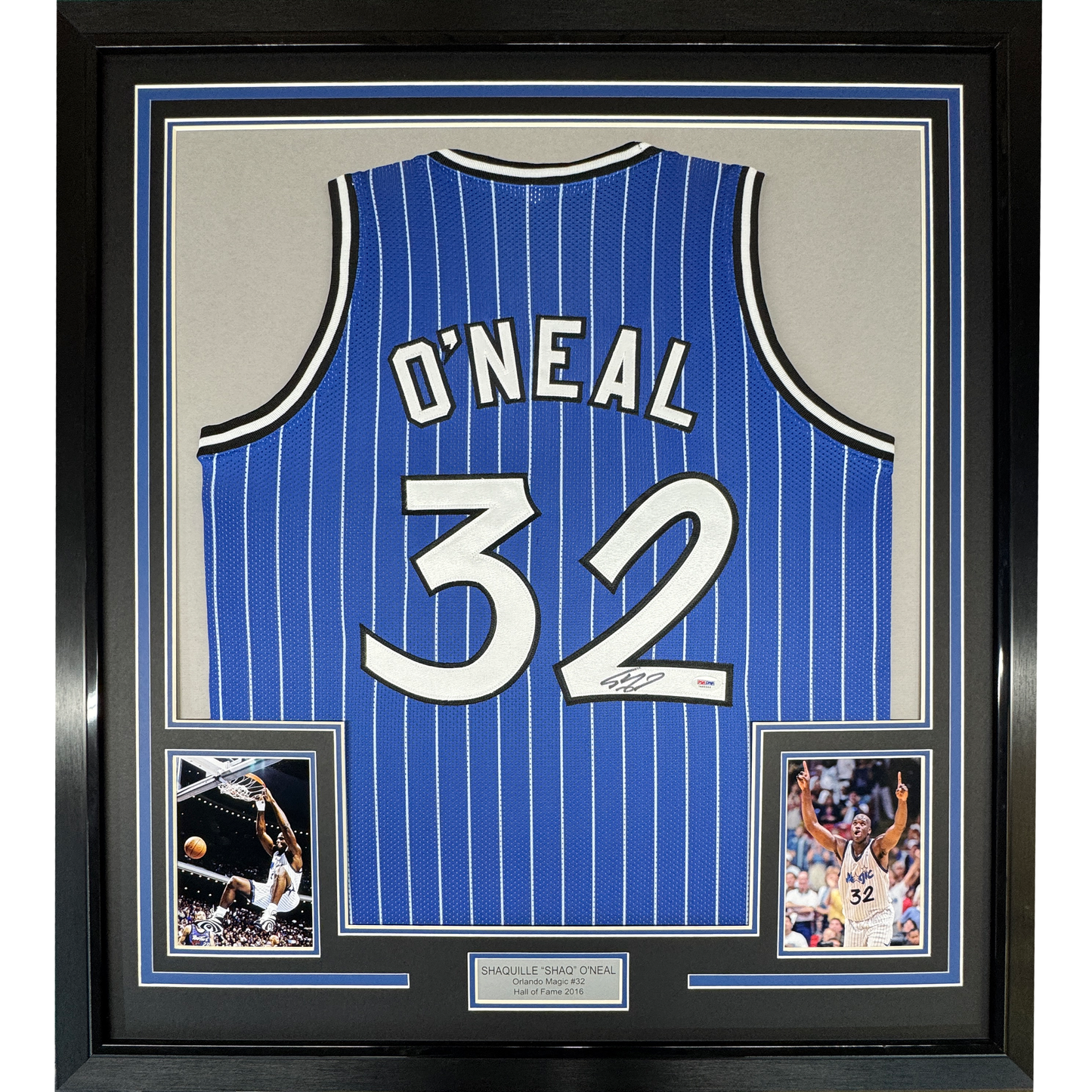 Framed Autographed/Signed Shaquille Shaq O'Neal 35x39 Orlando Blue Pinstripe Basketball Jersey Beckett BAS COA