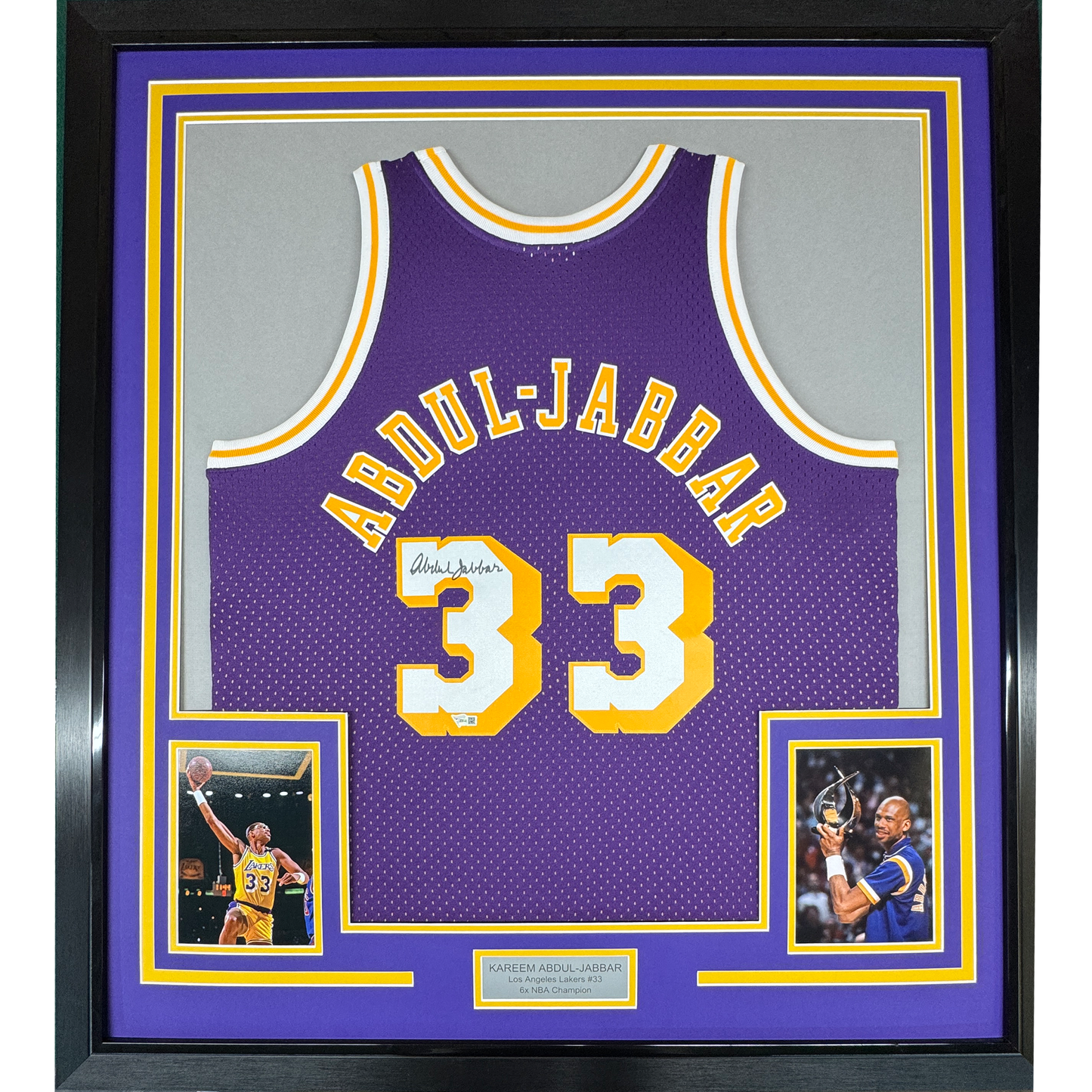 Framed Autographed/Signed Kareem Abdul-Jabbar 35x39 Los Angeles Lakers Mitchell & Ness Purple Basketball Jersey Fanatics COA