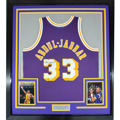 Framed Autographed/Signed Kareem Abdul-Jabbar 35x39 Los Angeles Lakers Mitchell & Ness Purple Basketball Jersey Fanatics COA