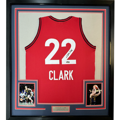 Framed Facsimile Autographed Caitlin Clark 35x39 Indiana Red Reprint Laser Auto Basketball Jersey