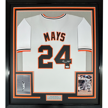 Framed Facsimile Autographed Willie Mays 35x39 San Francisco White Reprint Laser Auto Baseball Jersey