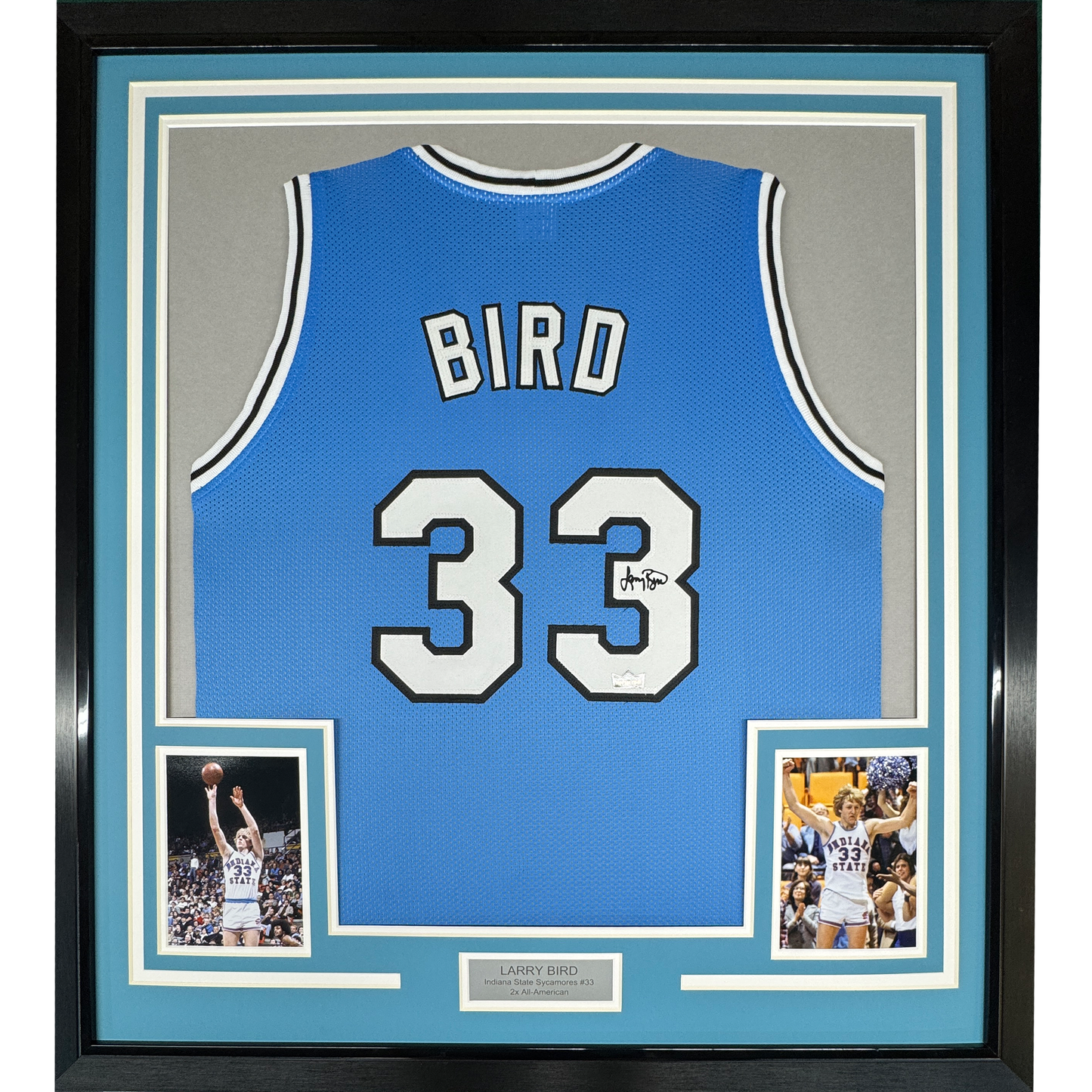 Framed Facsimile Autographed Larry Bird 35x39 Indiana State Blue Reprint Laser Auto College Basketball Jersey