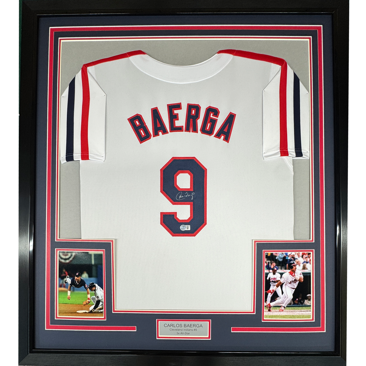 Framed Autographed/Signed Carlos Baerga 35x39 Cleveland White Baseball Jersey Beckett BAS COA