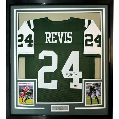 Framed Facsimile Autographed Darrelle Revis 35x39 New York Green Reprint Laser Auto Football Jersey