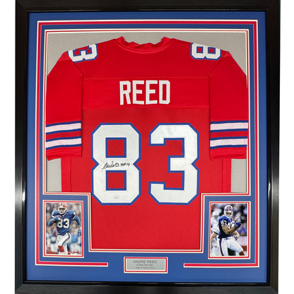 Framed Autographed/Signed Andre Reed 35x39 Buffalo Red Football Jersey PSA/DNA COA