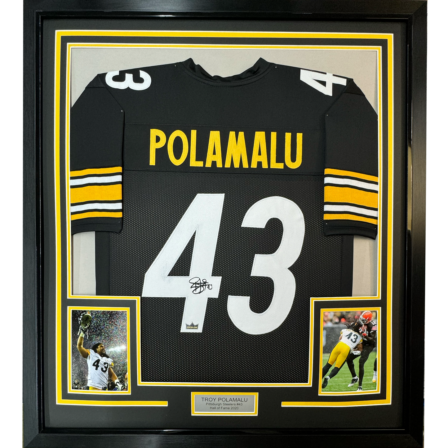 Framed Facsimile Autographed Troy Polamalu 35x39 Pittsburgh Black Reprint Laser Auto Football Jersey