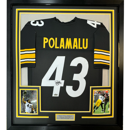 Framed Facsimile Autographed Troy Polamalu 35x39 Pittsburgh Black Reprint Laser Auto Football Jersey