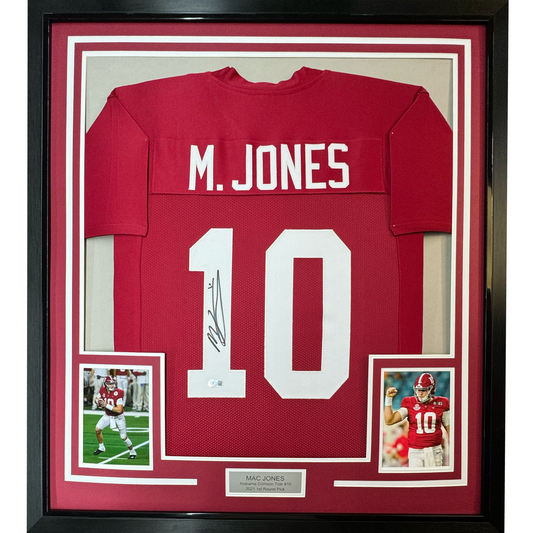 Framed Autographed/Signed Mac Jones 35x39 Alabama Red College Football Jersey Beckett BAS COA