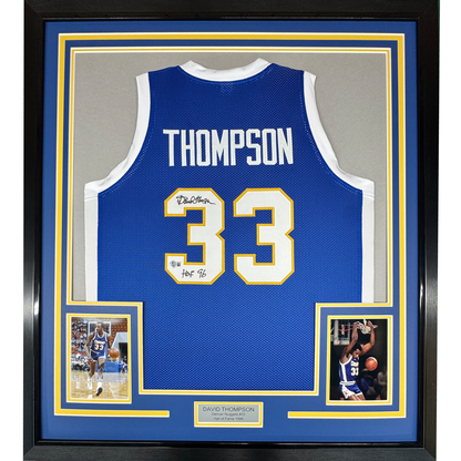 Framed Autographed/Signed David Thompson 35x39 HOF 96 Denver Blue Retro Rainbow Basketball Jersey Beckett BAS COA