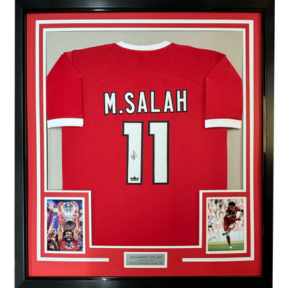 Framed Facsimile Autographed Mohamed Mo Salah 35x39 Liverpool FC Red Reprint Laser Auto Soccer Jersey