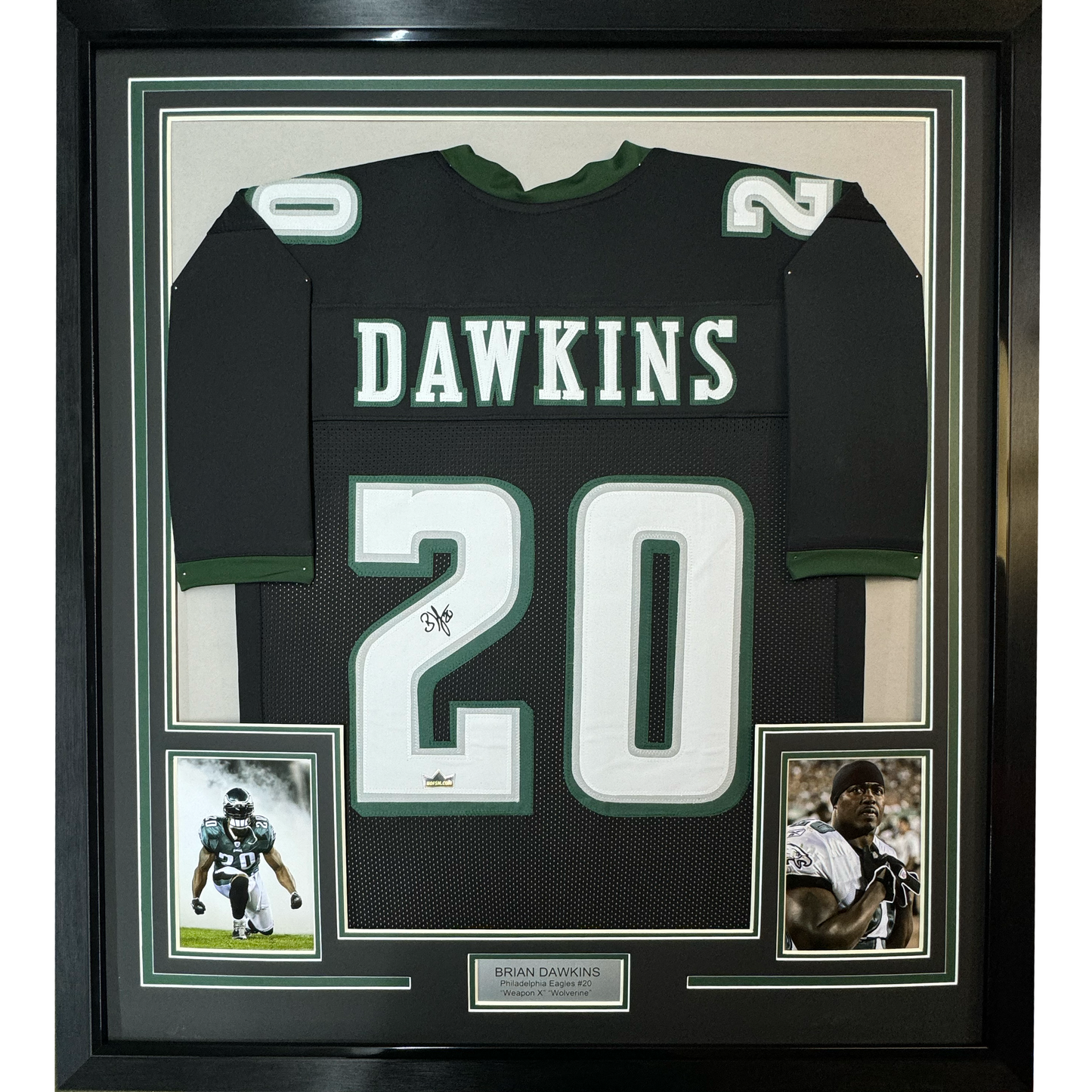 Framed Facsimile Autographed Brian Dawkins 35x39 Philadelphia Black Reprint Laser Auto Football Jersey