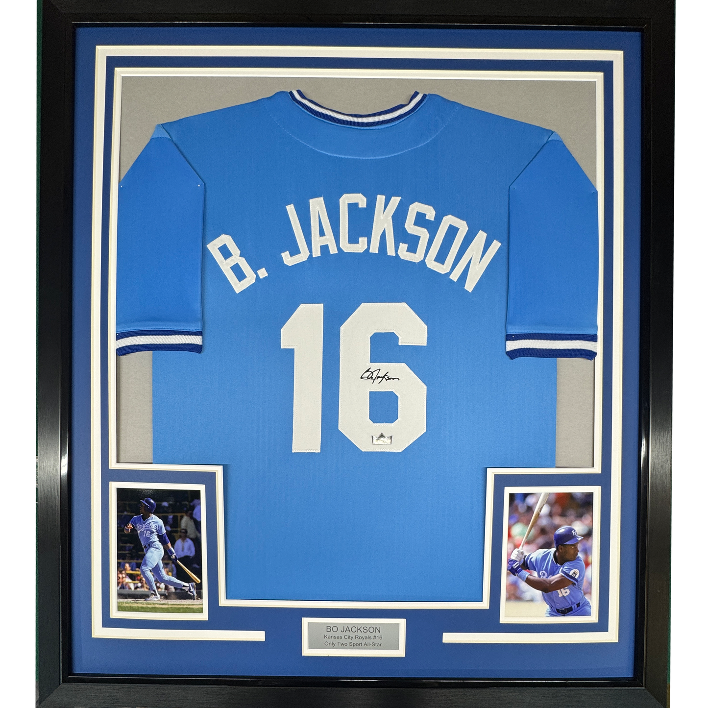 Framed Facsimile Autographed Bo Jackson 35x39 Kansas City Blue Reprint Laser Auto Baseball Jersey