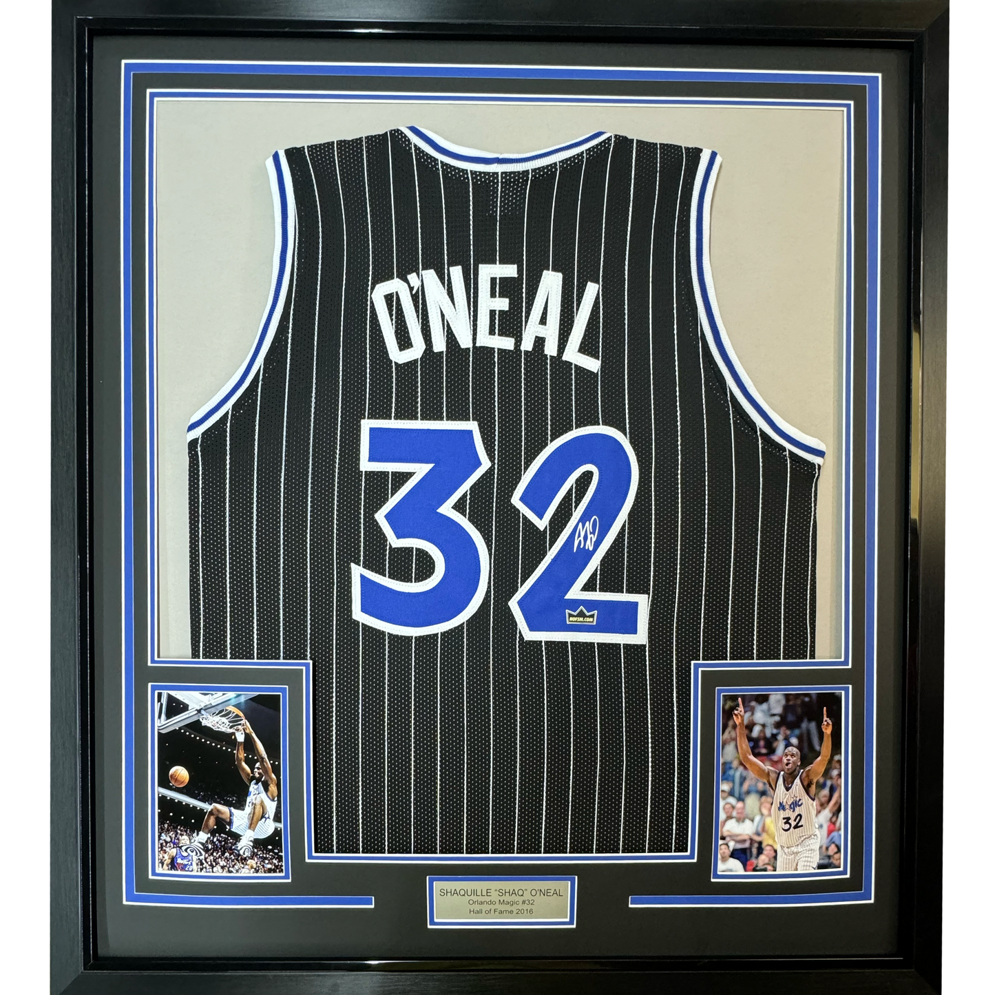 Framed Facsimile Autographed Shaquille Shaq O'Neal 35x39 Orlando Black Pinstripe Reprint Laser Auto Basketball Jersey