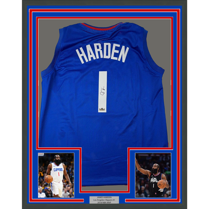 Framed Facsimile Autographed James Harden 35x39 Los Angeles LA Blue Reprint Laser Auto Basketball Jersey