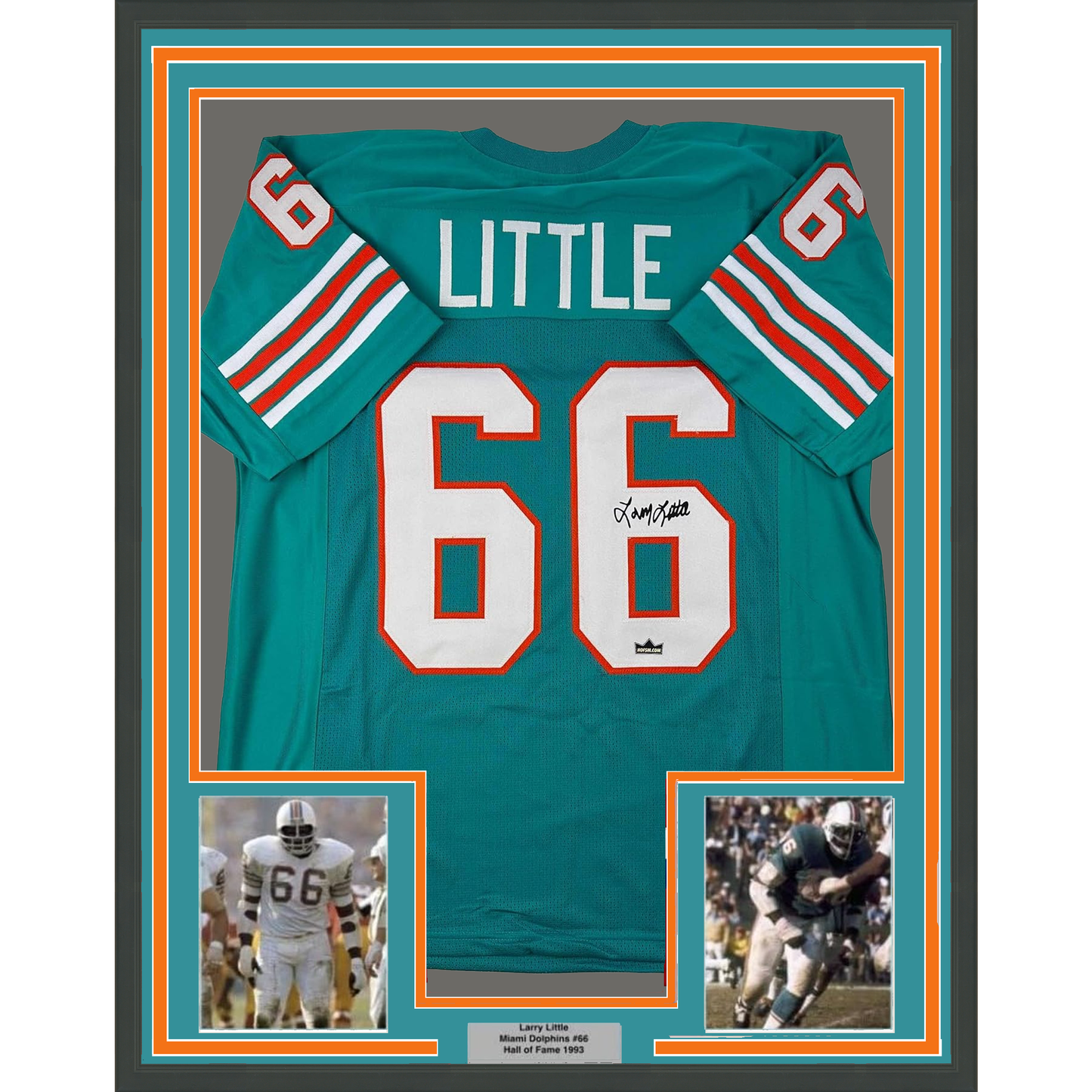 Framed Facsimile Autographed Larry Little 35x39 Miami Teal Reprint Laser Auto Football Jersey