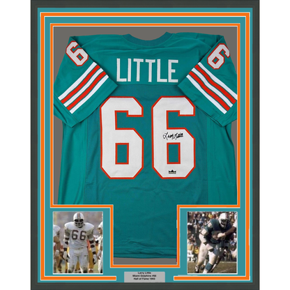 Framed Facsimile Autographed Larry Little 35x39 Miami Teal Reprint Laser Auto Football Jersey